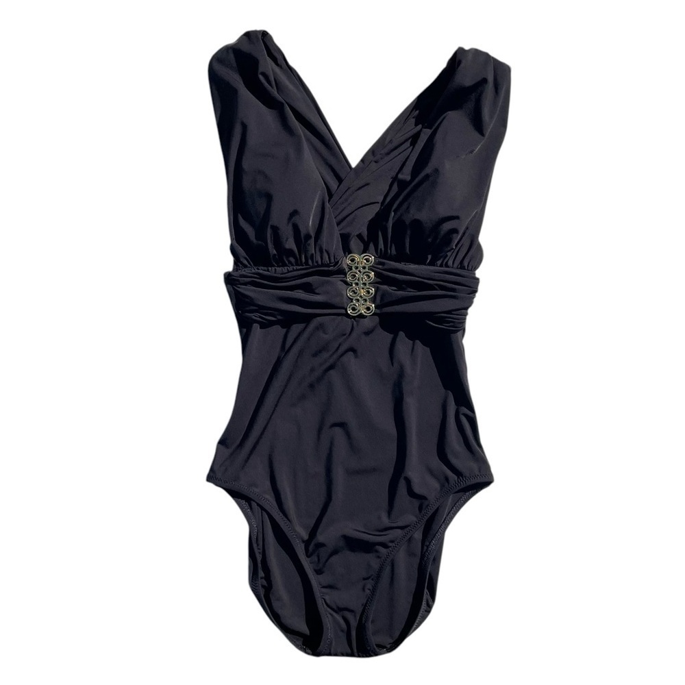 Trina Turk one piece swimsuit plunging neckline crossback black womens 2 NWT